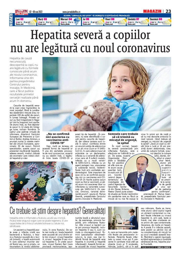 Pag. 23, jurnalul de Ilfov nr. 598, Hepatita severă a copiilor nu are legătură cu noul coronavirus