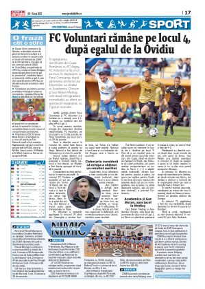 Pag. 17, Jurnalul de Ilfov nr. 599, Sport, FC Voluntari rămâne pe locul 4, după egalul de la Ovidiu