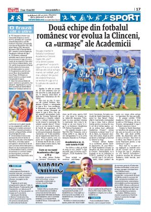 Pag. 17, Sport, Jurnalul de Ilfov nr. 606, Două echipe din fotbalul românesc vor evolua la Clinceni, ca „urmașe” ale Academicii