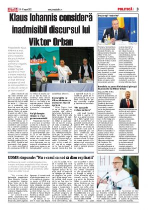 Pag. 3, politic, Klaus Iohannis consideră inadmisibil discursul lui Viktor Orban