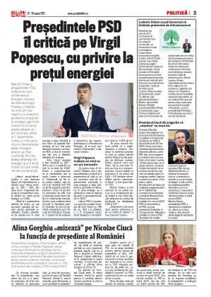 pag. 3, Președintele PSD îl critică pe Virgil Popescu, cu privire la preţul energiei